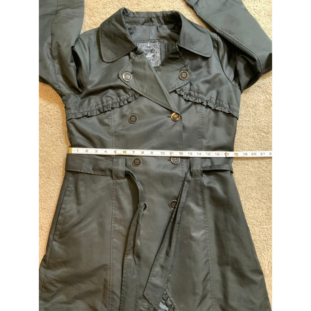 Beverly Hills Polo Club Womens Black Trench Coat Lg Belted Waist Ruffled Design - Picture 7 of 16